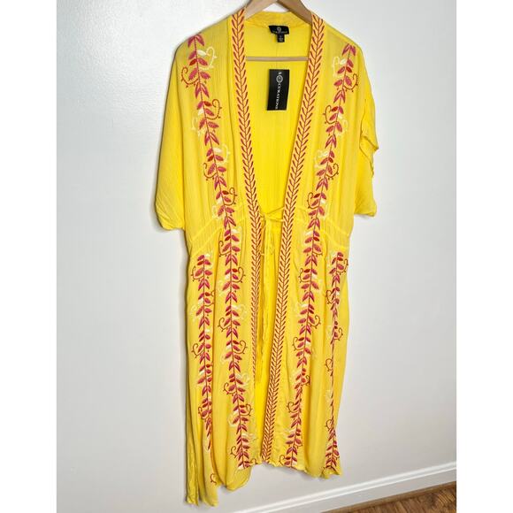 Curations Womens Kaftan Swim Coverup XL Yellow Pink Embroidered Resort Wear Boho - Picture 3 of 11